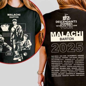 May include: Black t-shirt with the name "MALACHI BARTON" and the year "2025" printed in white. The front displays images of Malachi Barton. The back of the shirt lists tour cities. The shirt is part of the "Descendants Zombies Worlds Collide Tour".