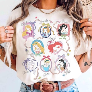 Camiseta vintage de princesas Disney con lazo coqueto, Bella, Ariel, Elsa y Cenicienta, camiseta Magic Kingdom Magical Castle, viaje de Walt Disney a Disney 2026 imagen 1