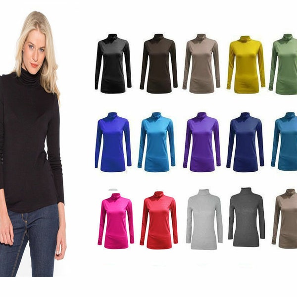 Women polo neck top stretch ladies long sleeve top jumper turtle high roll neck top UK 8-26