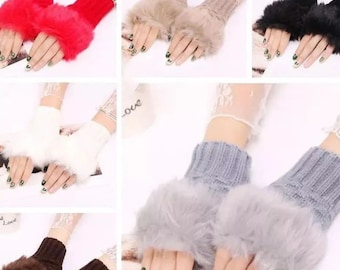 Ladies Finger less Gloves Knitted Warm Winter Half Finger Mitten Rabbit Fur Style Gloves