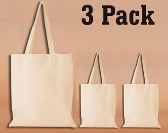 Paquete de 3 bolsas de compras de algodón natural lisas de primera calidad Compradores ecológicos ideales para imprimir y decorar bolsas al mejor precio