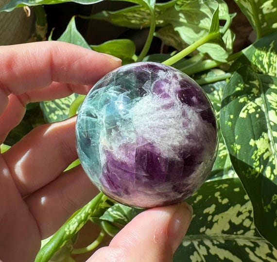 Natural Feathered Fluorite Sphere, Green, Blue & Purple | Fluorite Polished Sphere | Polished Fluorite | Feathered Fluorite Crystal