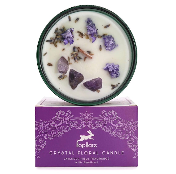 Hand Made Scented Candle | Scented Crystal Candle | Amethyst Crystals and Lavender Flowers | 22 Hour Burn Time | Relaxation | Gift for her