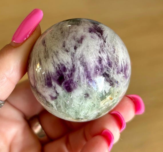 Natural Feathered Fluorite Sphere, Green, Blue & Purple | Fluorite Polished Sphere | Polished Fluorite | Feathered Fluorite Crystal