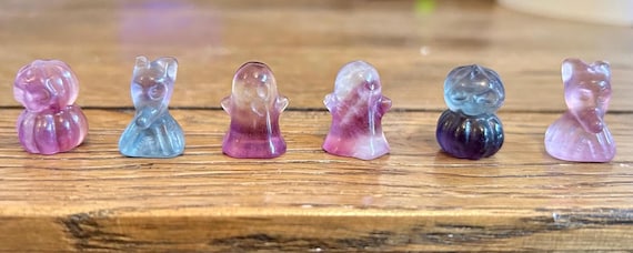 Mini Fluorite Ghost, Ghost Dog  & Pumpkin Carvings, Crystal Ghosy Carvings, Mini Fluorite Crystal Animals, Halloween Spooky Crystal