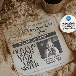 Anuncio de embarazo para el periódico de la hermana mayor: Plantilla rústica editable (descarga digital)