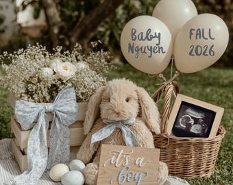 Baby Boy Pregnancy Announcement Template | Easter Bunny It's a Boy Reveal Canva Digital Download