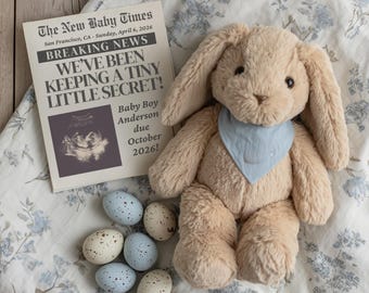 Easter Baby Boy Pregnancy Announcement Template | Newspaper Bunny Reveal Canva Digital Download