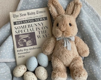 Easter Newspaper Baby Boy Pregnancy Announcement Template | Canva Digital Download