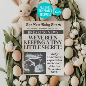 Zeitung Baby Ankündigung Digitale Ostern Schwangerschaft Ankündigung April Baby offenbaren Bearbeitbare Vorlage Ostern Baby Ankündigung Neutral Boho