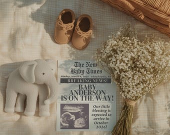 Newspaper Pregnancy Announcement Template | Rustic Elephant Picnic Baby Reveal | Editable Canva Digital Download