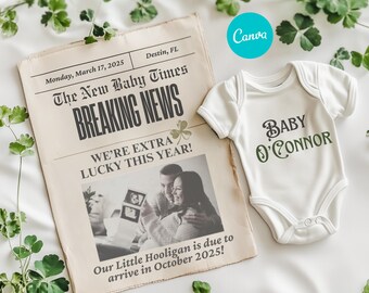 St Patricks Day Pregnancy Announcement: Newspaper Template (Digital)