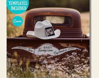 Western Baby 2 Announcement: Vintage Truck, Cowboy Hat (Digital Template)