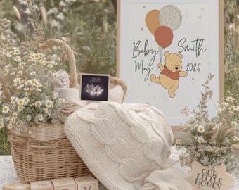 Winnie the Pooh Baby Announcement: Gender Neutral Pregnancy Announcement Editable Template (Digital Download)