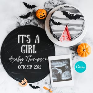 Faire-part de grossesse Halloween sexe fille Faire-part de grossesse fille numérique modifiable C&#39;est une fille grossesse révéler Halloween bébé fille