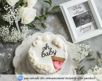 Baby Girl Announcement: Pink Cake Gender Reveal (Digital Template)