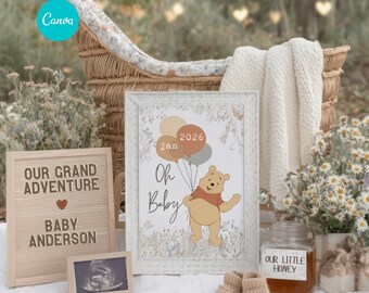 Winnie the Pooh Baby Announcement: Gender Neutral Pregnancy Reveal (Canva Template Digital Download