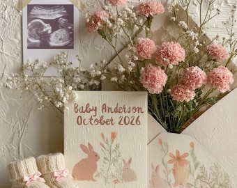 Baby Girl Pregnancy Announcement Template | Pink Bunny Easter Floral Its A Girl Reveal | Digital Download