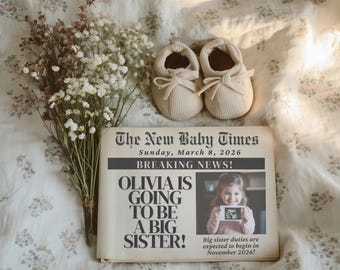 Big Sister Newspaper Pregnancy Announcement: Rustic Editable Template (Digital Download)