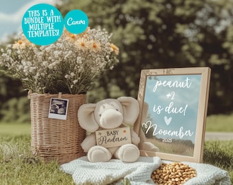 Elephant Baby #2 Announcement: Gender Neutral Canva Template (Digital Download)