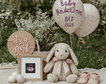 Baby Girl Pregnancy Announcement Template | Easter Bunny Outdoor Boho Reveal Canva Digital Download