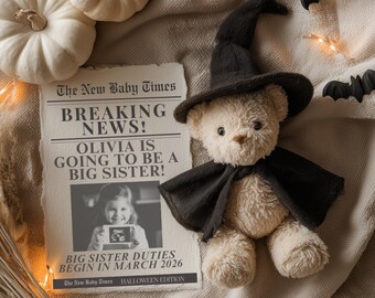 2nd Baby Announcement Halloween Digital Newspaper Fully Customizable Big Sibling Pregnancy Reveal Template
