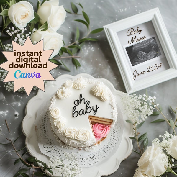 Digital Gender Reveal Girl, Its A Girl Pregnancy Announcement Cake Editable on Canva, Baby Girl Pregnancy Announcement DIY Template