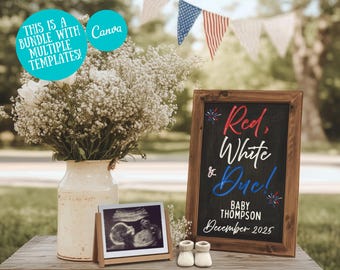 Könnte beinhalten: Ein rustikaler Holztisch zeigt eine Babyankündigung. Ein Tafelschild liest "Red, White & Due!" mit dem Namen des Babys und dem voraussichtlichen Geburtstermin. Ein Ultraschallbild und Babyschuhe sind ebenfalls vorhanden, zusammen mit einem Strauß weißer Blumen.