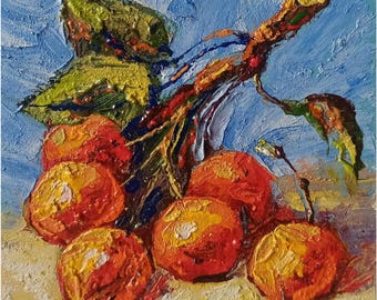 Pintura de cerezas, obra de arte original, pintura de empasto de frutas, arte de pared de cocina, pintura al óleo pequeña de 6 x 6 pulgadas de Anatolii Cherniavskyi