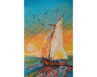 Sailboat Painting Yacht Original Artwork Small Impasto Oil Painting Boat Wall Art 10 by 6" by Anatolii Cherniavskyi