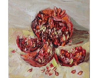 Pomegranate Painting Original Art Fruit Impasto Painting Kitchen Wall Art Small Oil Painting 10 by 10" by  Anatolii Cherniavskyi