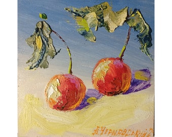 Pintura de cerezas, obra de arte original, pintura de empasto de frutas, arte de pared de cocina, pintura al óleo pequeña de 6 x 6 pulgadas de Anatolii Cherniavskyi