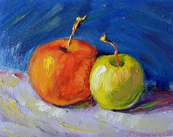 Apple Painting Original Artwork Fruit Impasto Painting Kitchen Wall Art Small Oil Painting 7.8 by 9.8" by  Anatolii Cherniavskyi