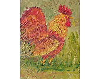 Rooster Painting Original Artwork Painting Bird Wall Art Small Impasto Oil Painting 8 by 6" by Anatolii Cherniavskyi