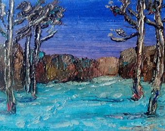 Winter Painting Original Artwork Winter Landscape Small Impasto Oil Painting 6 by 8" by Anatolii Cherniavskyi