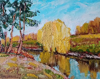 Weeping willow Painting Original Artwork Small Impasto Oil Painting Wall Art 8 by 11" by Anatolii Cherniavskyi