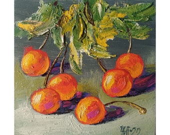 Pintura de cerezas, obra de arte original, pintura de empasto de frutas, arte de pared de cocina, pintura al óleo pequeña de 6 x 6 pulgadas de Anatolii Cherniavskyi