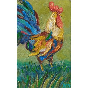 Rooster Painting Original Artwork Painting Bird Wall Art Small Impasto Oil Painting 7.8 by 4.9&quot; by Anatolii Cherniavskyi