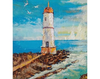 Sea Lighthouse Painting Original Artwork Medium Impasto Oil Painting Boat Wall Art 10.6 by 7.8" by Anatolii Cherniavskyi