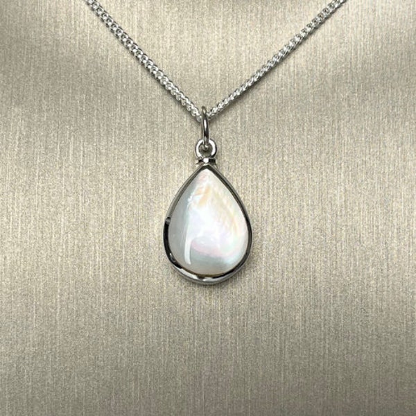 Sterling Silver Teardrop White Mother Of Pearl Urn Cremation Ashes Pendant With Optional Engraving & Chain