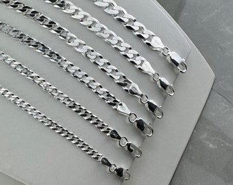 Collar de cadena de acera de plata de ley 925 maciza, acera de corte de diamante de eslabón abierto plano, anchos 3,2 mm, 4 mm, 5 mm, 6 mm, 7 mm, 8,2 mm, varias longitudes