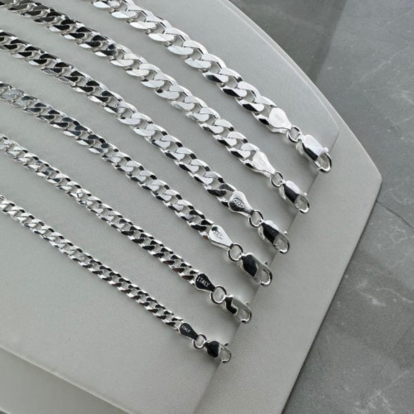 Solid 925 Sterling Silver Curb Chain Necklace, Flat Open Link Diamond Cut Curb, Widths 3.2mm 4mm 5mm 6mm 7mm 8.2mm - Various Lengths