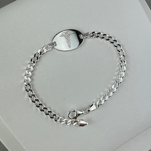 Sterlingzilveren Medical Alert identiteits-ID-armband met een lengte van 7&quot; en 7,5&quot; - medische damesarmband Medic SOS-symbool, gratis gravure