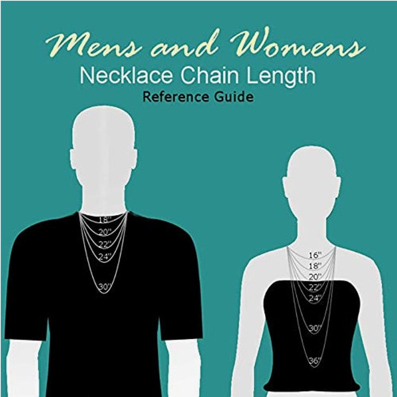 May include: A teal graphic with the text "Mens and Womens Necklace Chain Length Reference Guide." Silhouettes of a person and a person wearing necklaces of varying lengths, from 16 to 36 inches.