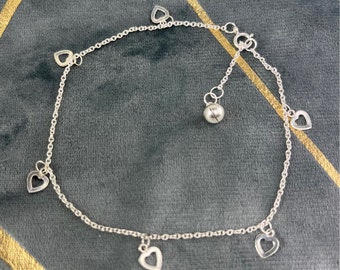 Sterling Silver Bell Anklet Decorated With Small Hearts - Adjustable Length