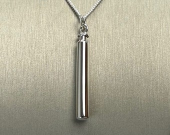 Sterling Silver Long Cylindrical Urn Ashes Cremation Pendant With Optional Engraving & Chain
