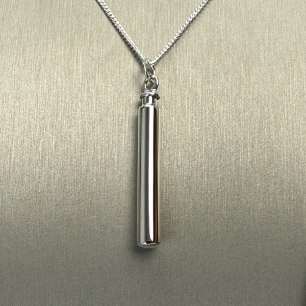 Sterling Silver Long Cylindrical Urn Ashes Cremation Pendant With Optional Engraving & Chain