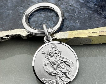 Sterling Silber 24mm St Christopher Schlüsselanhänger mit Gravur-Option, Saint Christopher Medaille, Schlüsselanhänger, Schlüsselanhänger, Andenken Geschenk