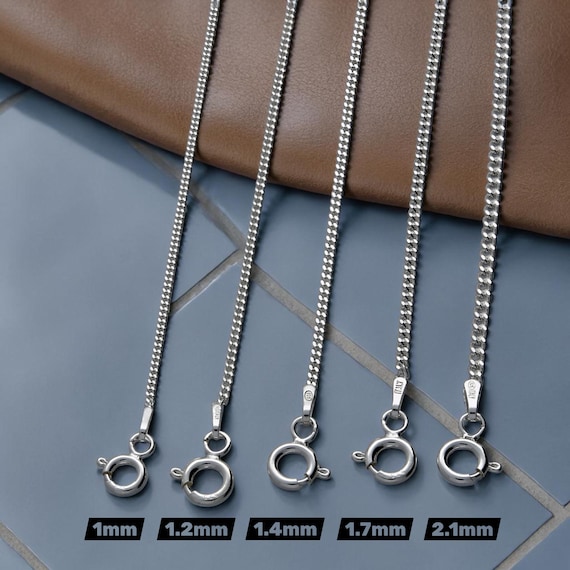 Solid 925 Sterling Silver Curb Chain Necklace, Men Women, 1mm 1.2mm 1.4mm 1.7mm 2.1mm, 16 18 20 22 24 Inch, Gift for Him Her