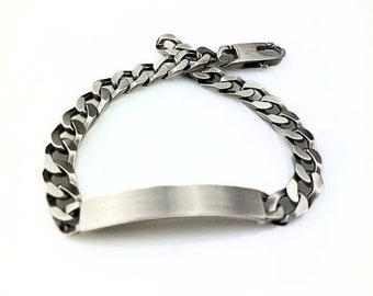 Sterling Silver Oxidised 8.5" or 9" Length Mens Curb ID Bracelet With Optional Engraving